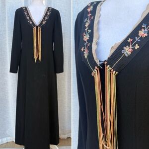 1970 Zelda black long sleeve floral embroidered tassel maxi dress